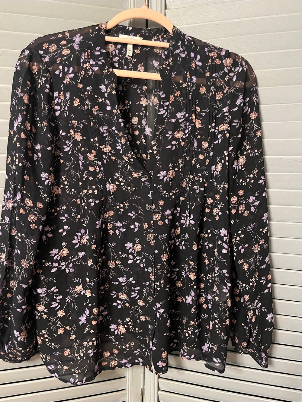 Joie Black Floral V-Neck Silk Chiffon Blouse with Lilac & Blush Accents, Sz XS